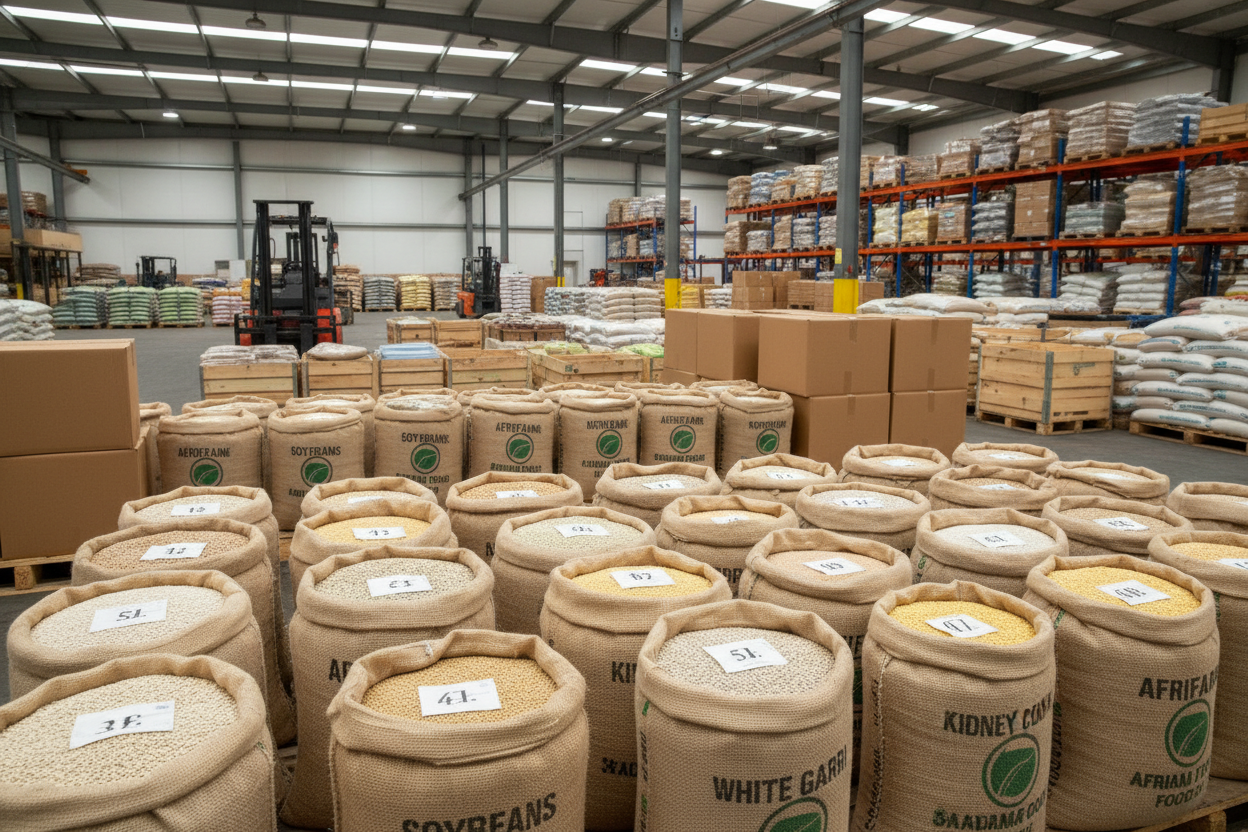 A large warehouse filled with rows of open burlap sacks of grains, pallets of packaged goods, and forklifts in the background.