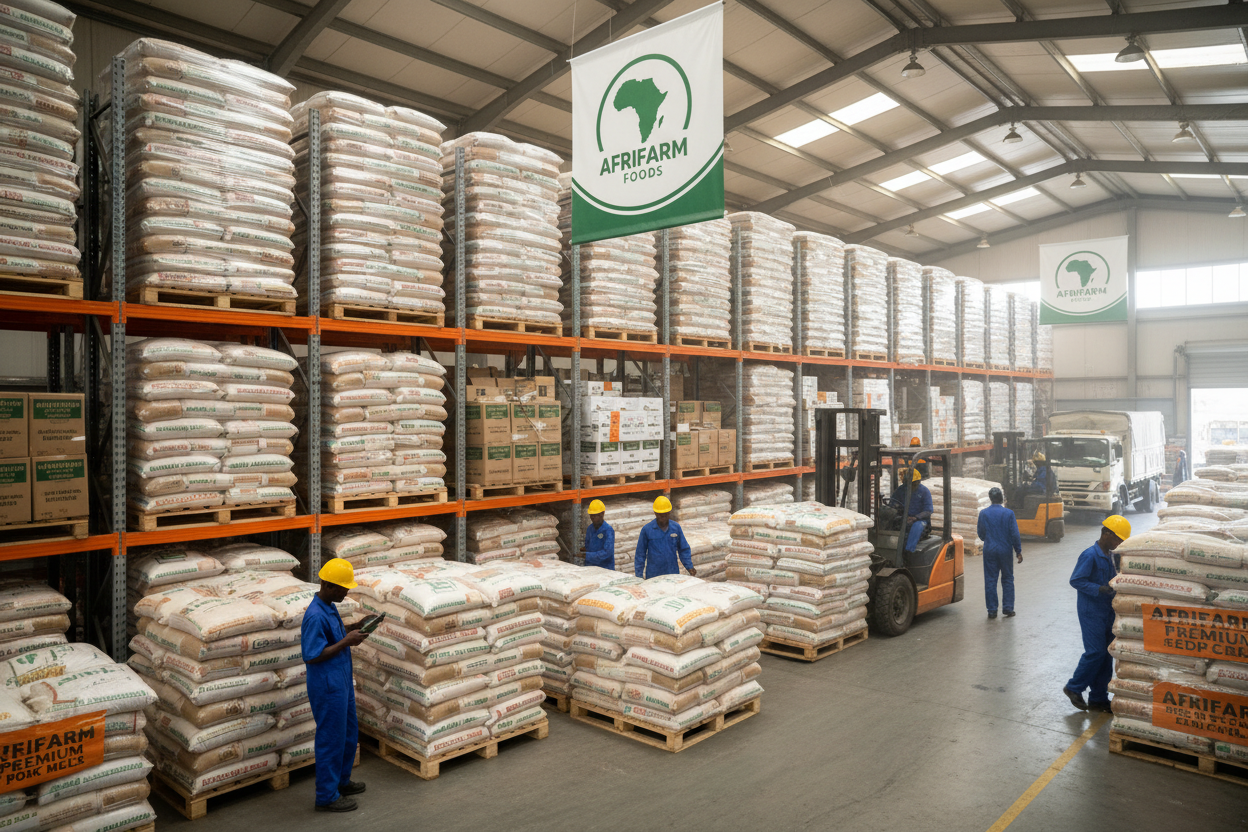 Workers in blue coveralls and hard hats manage stacked pallets of grain in a large, brightly lit warehouse with overhead banners for "Afrifarm Foods".